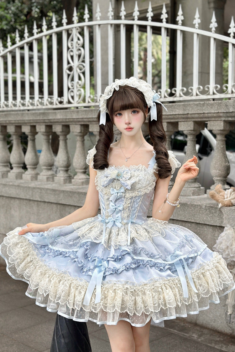Blue Dreaming Butterfly Multi-Layered Jacquard Ruffle Bowknot Lace Sweet Princess Lolita Jsk Dress