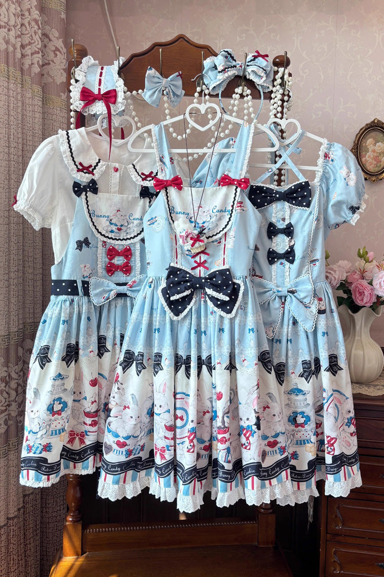 Blue Mystery Rabbit Tea Party Square Collar Short Sleeves Print Ruffle Bowknot Lace Sweet Lolita Dress