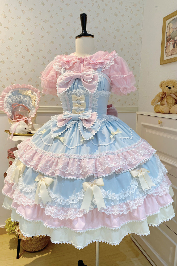 Blue/Pink Fondant Cake Sleeveless Multi-Layered Ruffle Bowknot Lace Sweet Lolita Jsk Dress