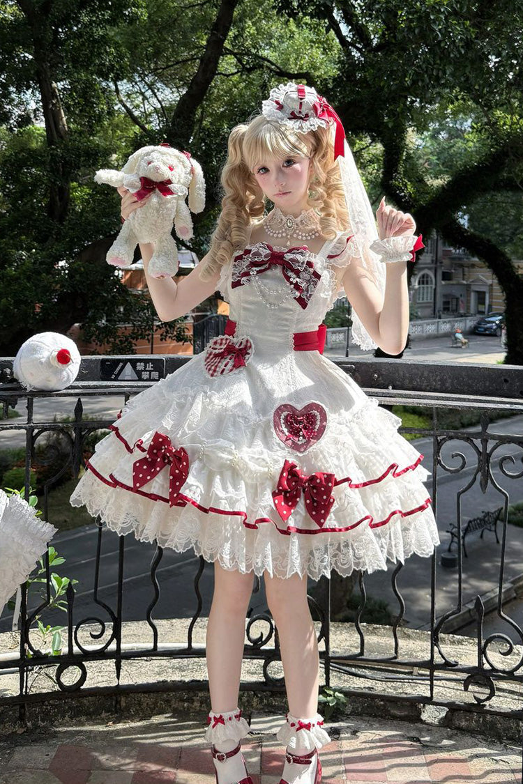 White Polka-Dot Love Letter Sleeveless Double-Layered Bowknot Lace Pearl Sweet Lolita Jsk Dress