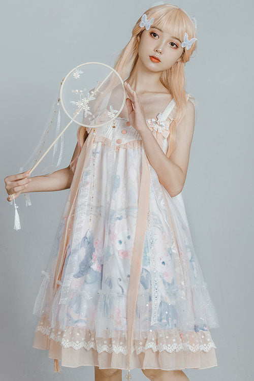 Light Blue Violin Cat Print Bowknot High Waisted Multi-Layer Ruffled Sweet Lolita Jsk Dress