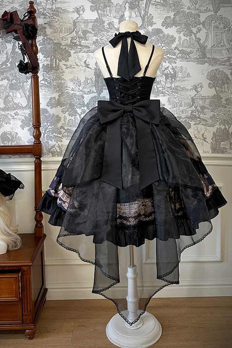 Black The Mystery of The Doll Halterneck Print Ruffle Bowknot Drawstring Gothic Lolita Dress