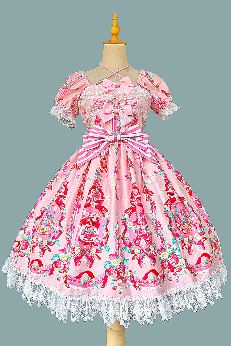Strawberry Chef Short Sleeves Print Bowknot Lace Sweet Lolita Dress 4 Colors