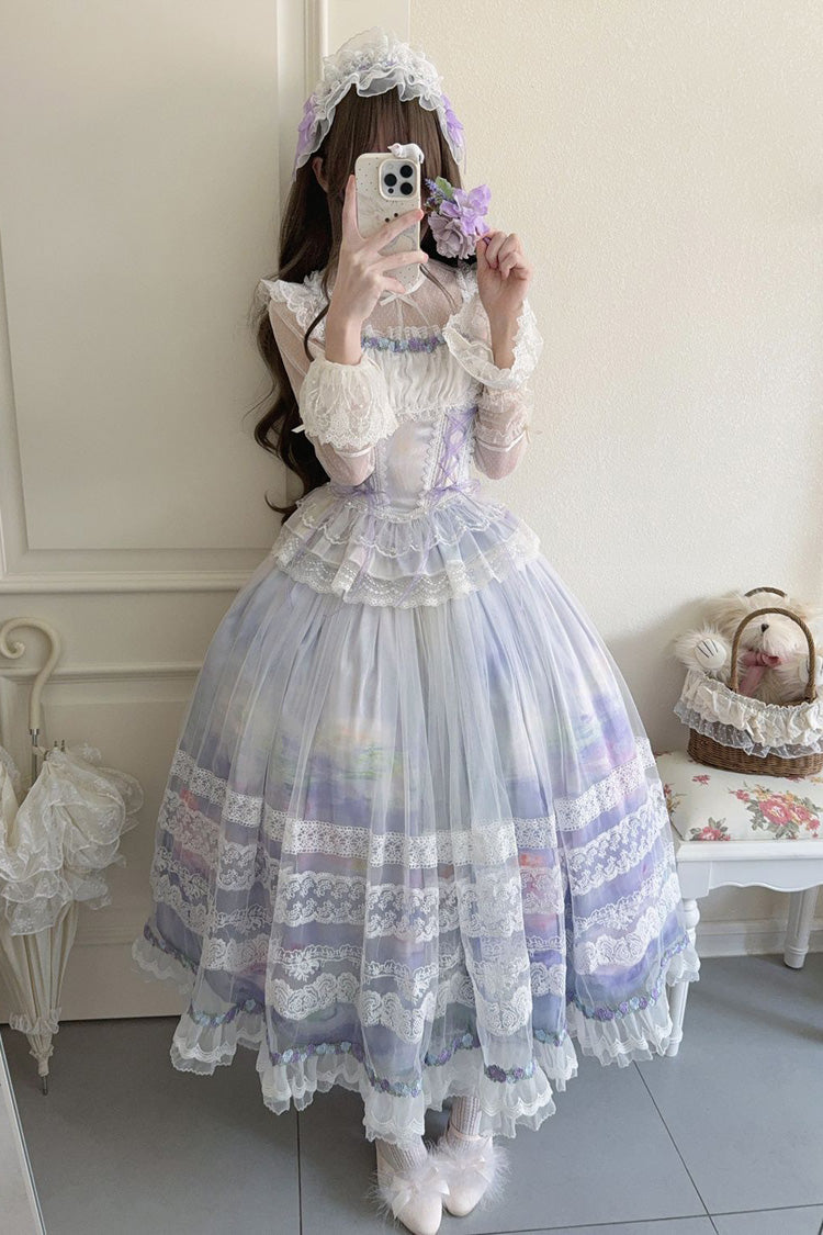 Light Purple Mist-shrouded Vineyard Sleeveless Ruffle Bowknot Lace-Up Sweet Lolita Jsk Skirt Dress Set