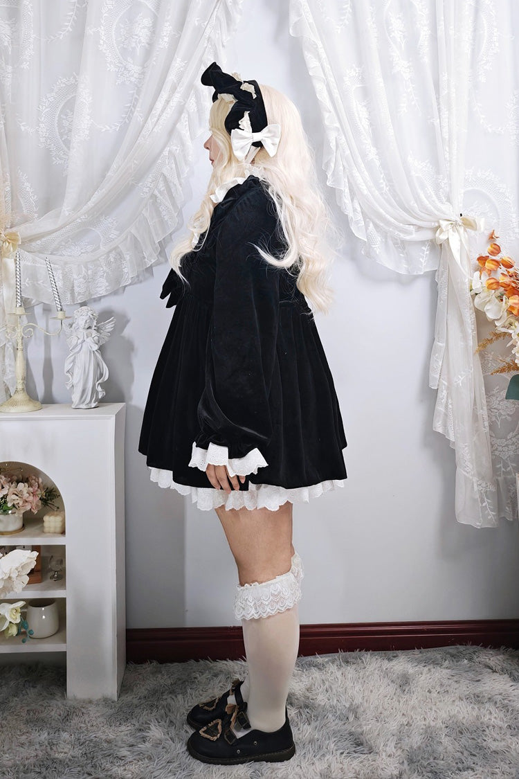 Black Antique Velvet Doll Stand Collar Long Sleeves Ruffled Bow Gothic Plus Size Lolita Dress