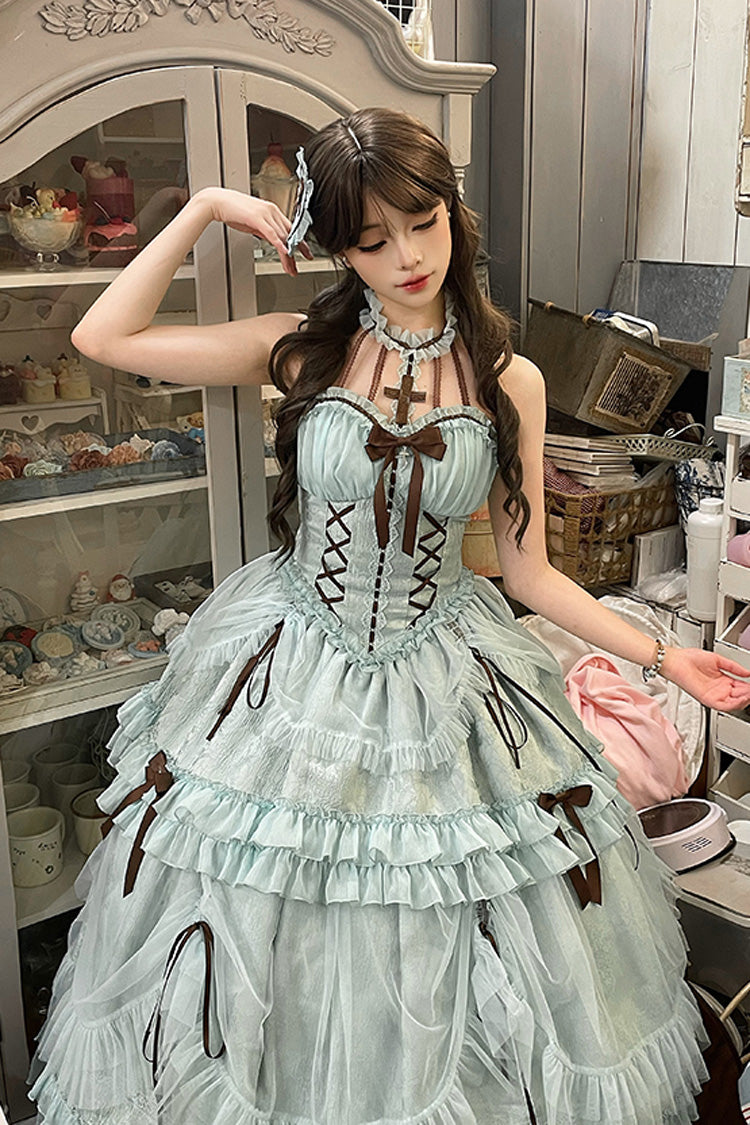 Mint Green Cross Halterneck Ruffle Bowknot Lace Lace-Up Princess Sweet Lolita Dress
