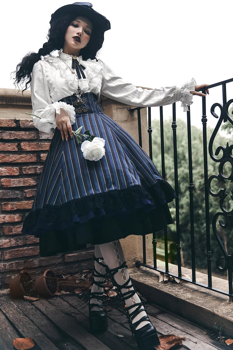 Point Manor Multi-layer Striped Print Ruffle Vintage Elegant Gothic Lolita Skirt 4 Colors