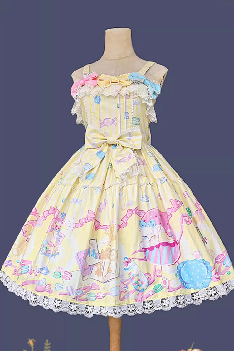 Yellow Macaron Dolly House Sleeveless Print Bowknot Sweet Lolita Jsk Dress