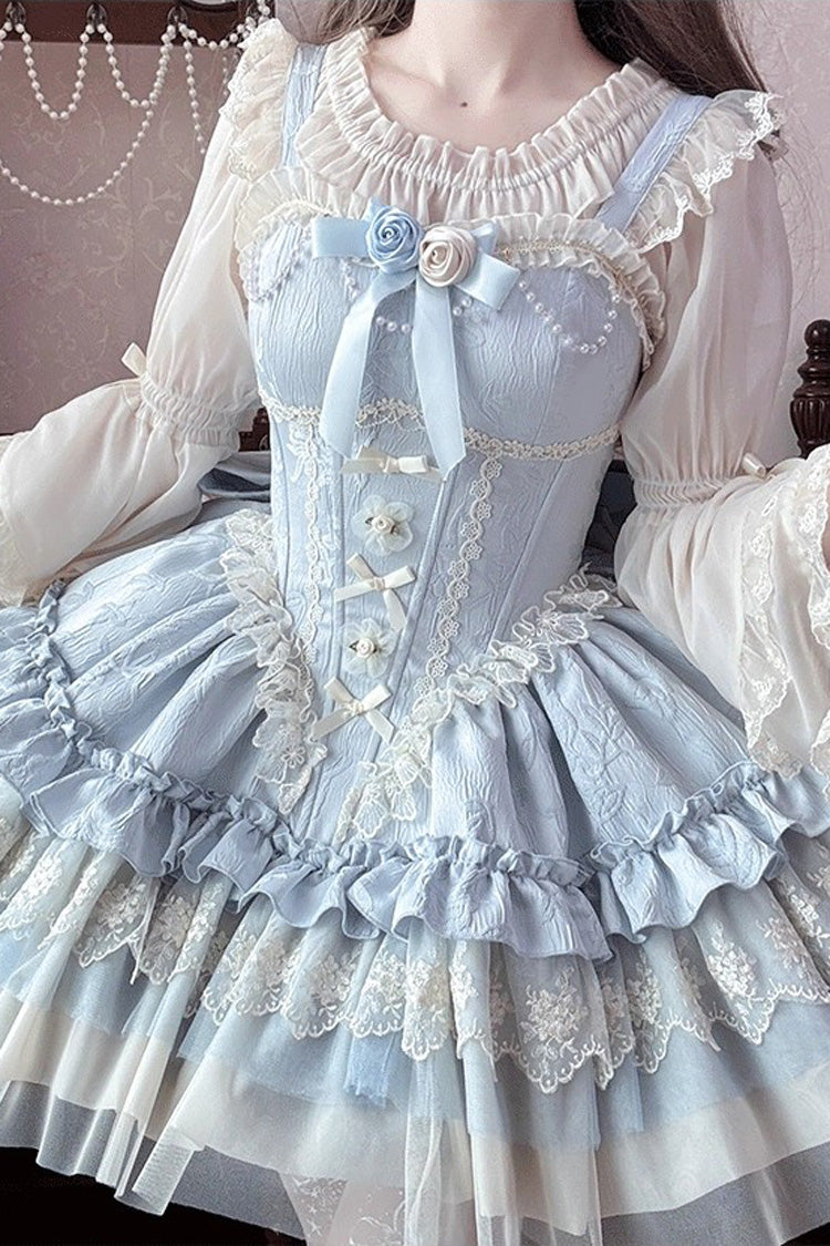 Blue Fleeting Light and Shallow Dream Sleeveless Multi-Layered Ruffle Bowknot Lace Slim Sweet Ballet Lolita Jsk Dress