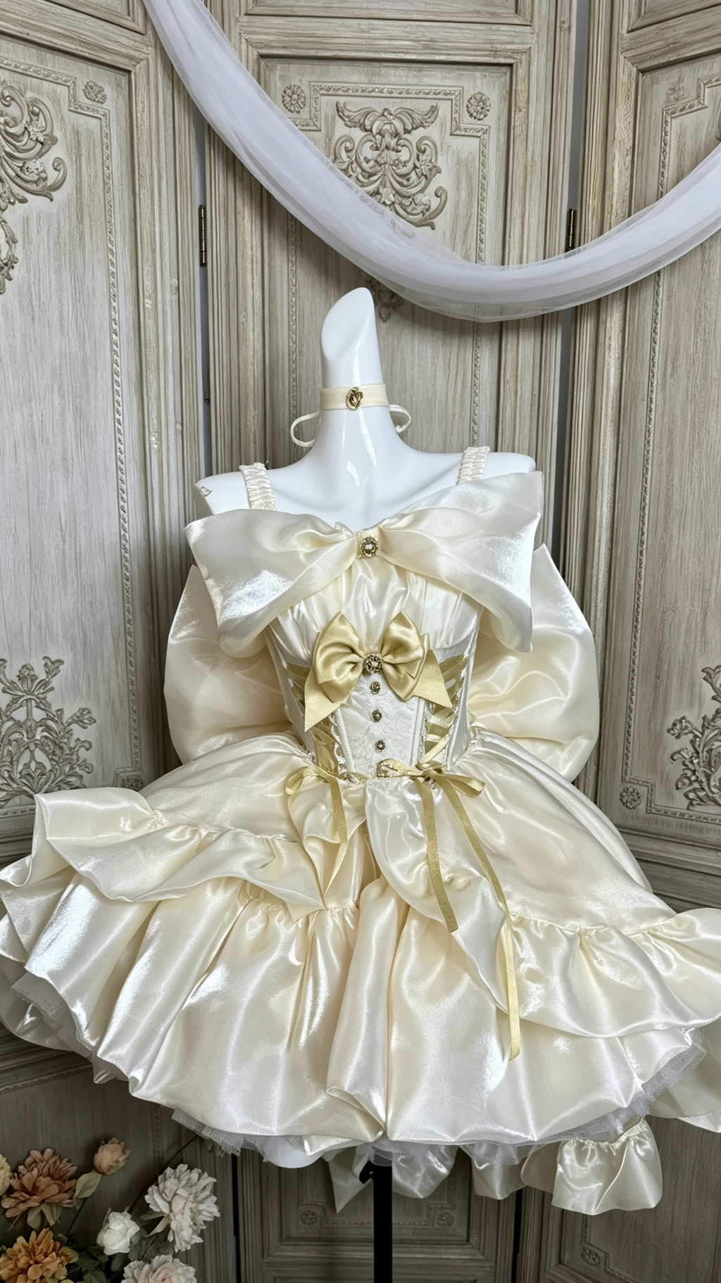 Champagne Beige Corset Layered Ruffled High-Low Large Bow Sweet Princess Lolita JSK Dress