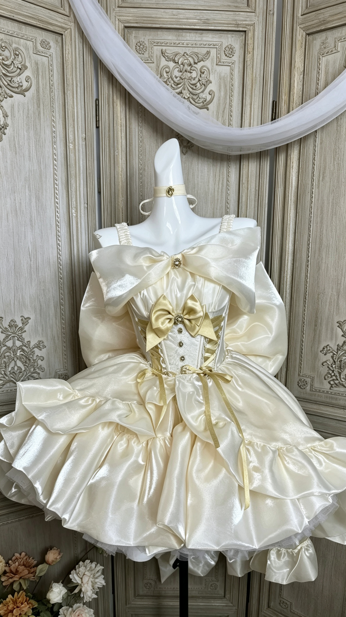 Champagne Beige Corset Layered Ruffled High-Low Large Bow Sweet Princess Lolita JSK Dress