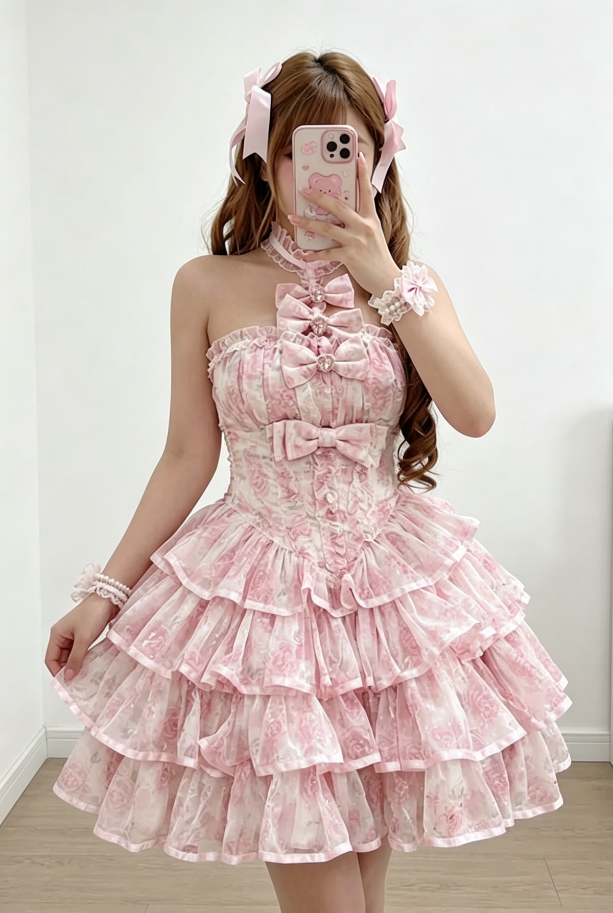 Pink Broken Silver Rose Halterneck Sleeveless Multi-Layered Ruffle Bowknot Sweet Princess Lolita Tiered Dress