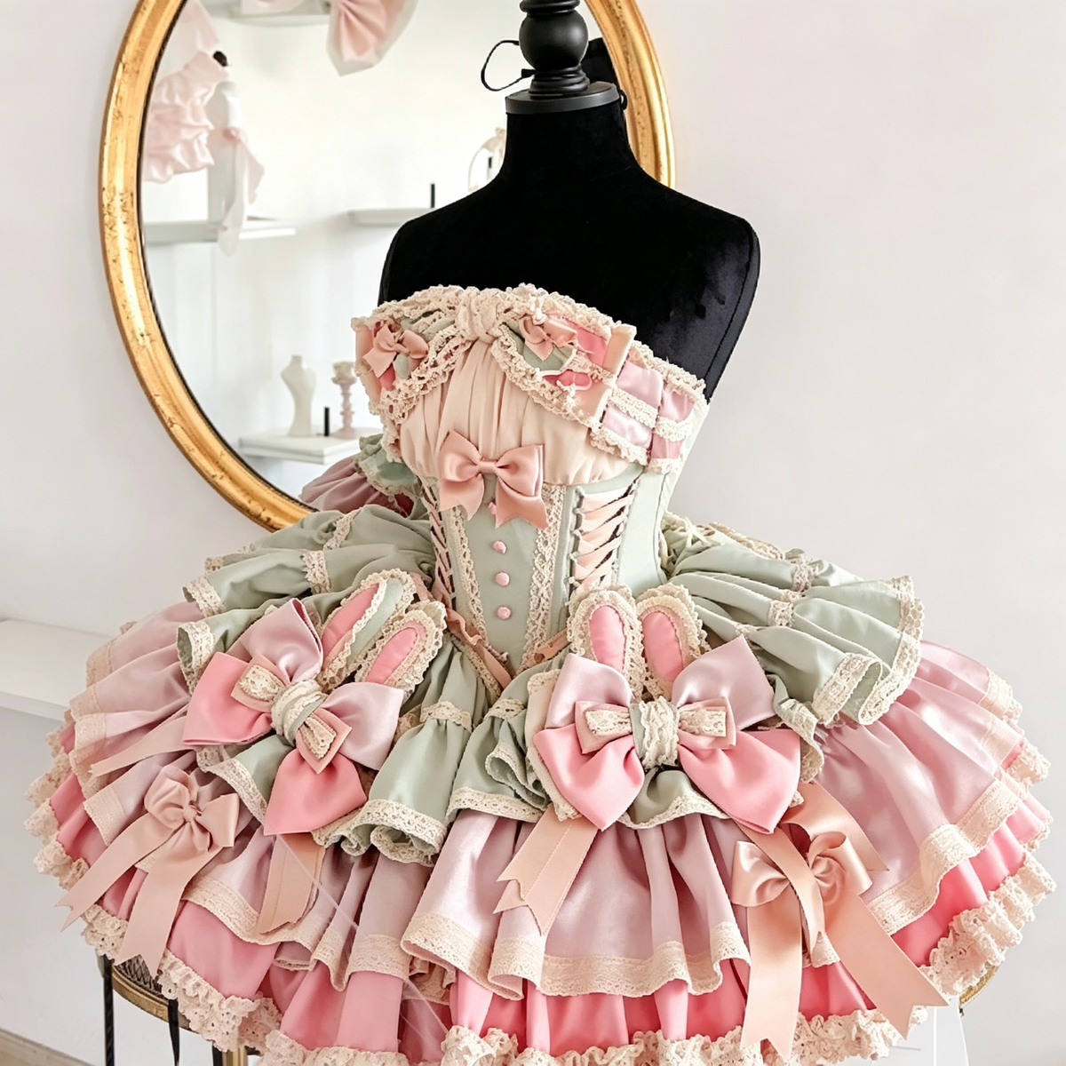 Ribbon Dance Multi-Layered Ruffle Bowknot Lace-Up Sweet Princess Lolita Dress 3 Colors