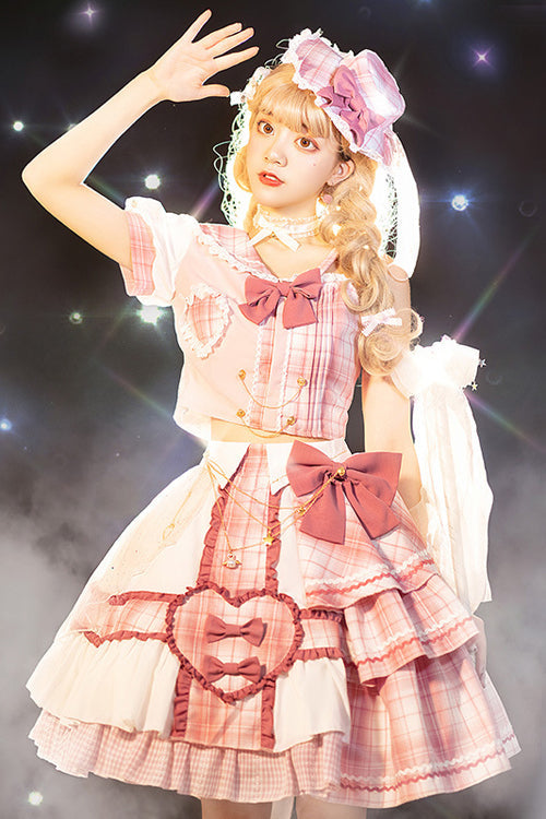 Pink Chest Bowknot One Shoulder Sleeves Plaid Print Suit Sweet Lolita Dress