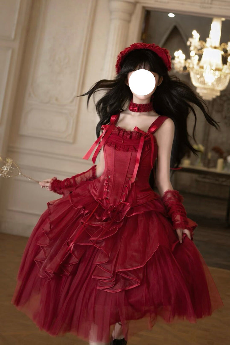 Red The Summer Waves Sparkle Square Collar Sleeveless Multi-Layered Ruffled Bow Lace-Up Slim Classic Lolita Skirt Set