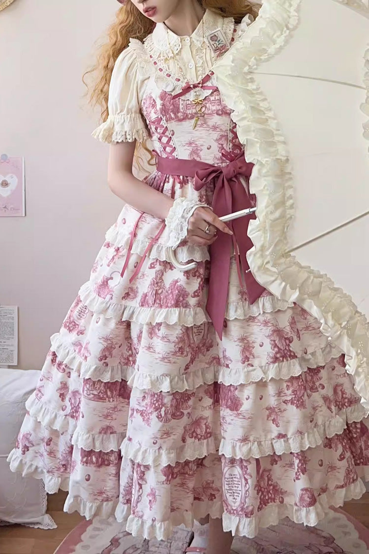 Rose Red Grape Moon Almanac Sleeveless Multi-Layered Printed Ruffled Bow Adjustable-Length Sweet Lolita Jsk Dress