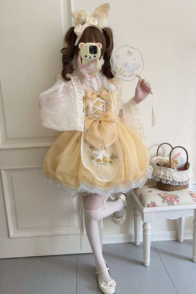 Yellow Moon Rabbit Shadow Embroidery Ruffle Bowknot Lace Sweet Lolita Jsk Dress