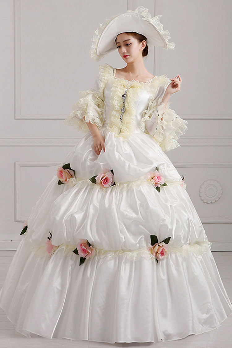 White Court Style High Waisted Flowers Victorian Lolita Prom Dress
