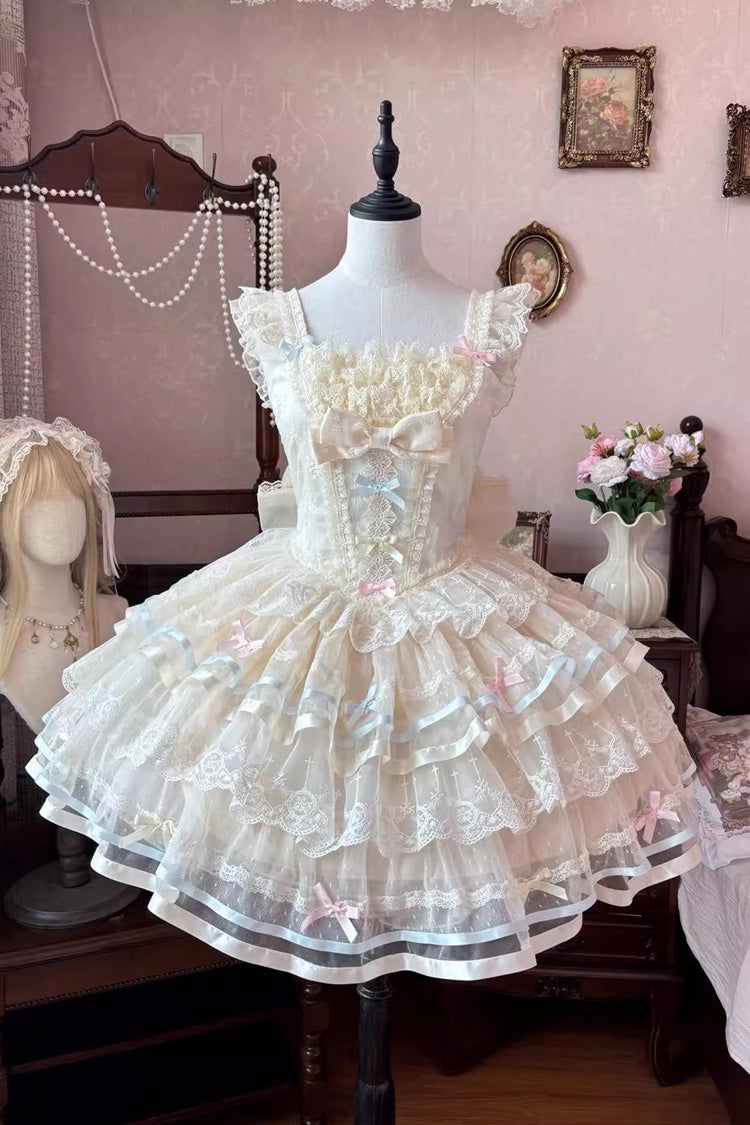 Apricot Butterfly Heart Ballet Triple-Layered Ruffle Bowknot Lace Sweet Ballet Lolita Jsk Dress