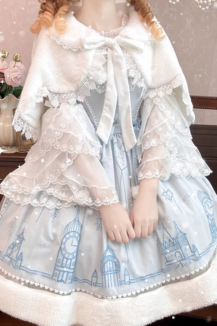 Blue Snow Castle Sleeveless Printed Embroidered Bow Lace Sweet Lolita Jsk Dress
