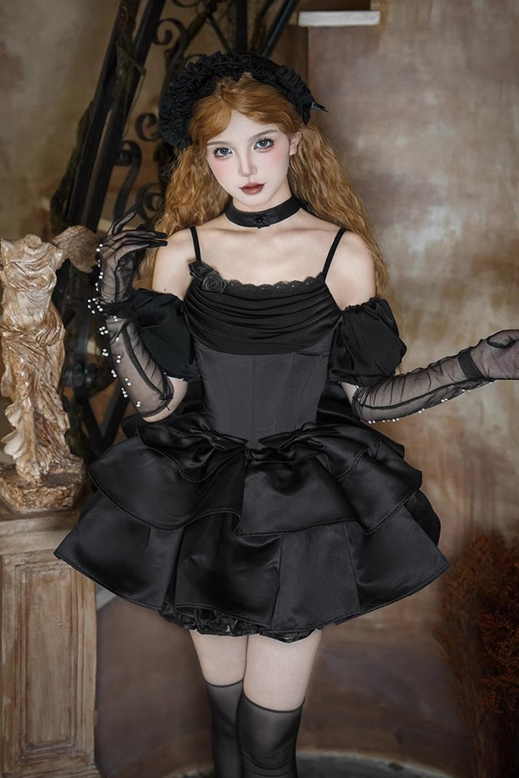 Black Duet Sleeveless Double-Layered Ruffle Bowknot Gothic Elegant Gorgeous Lolita Jsk Dress