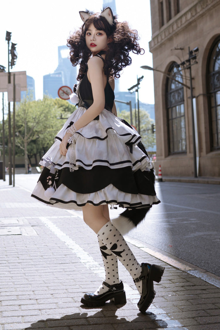 Black/White Cat Fist Triple-Layered Ruffle Bowknot Sweet Lolita Jsk Dress