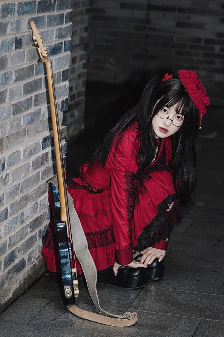Red Gothic Punk Long Sleeves Removable Corsage Lolita Skirt Set