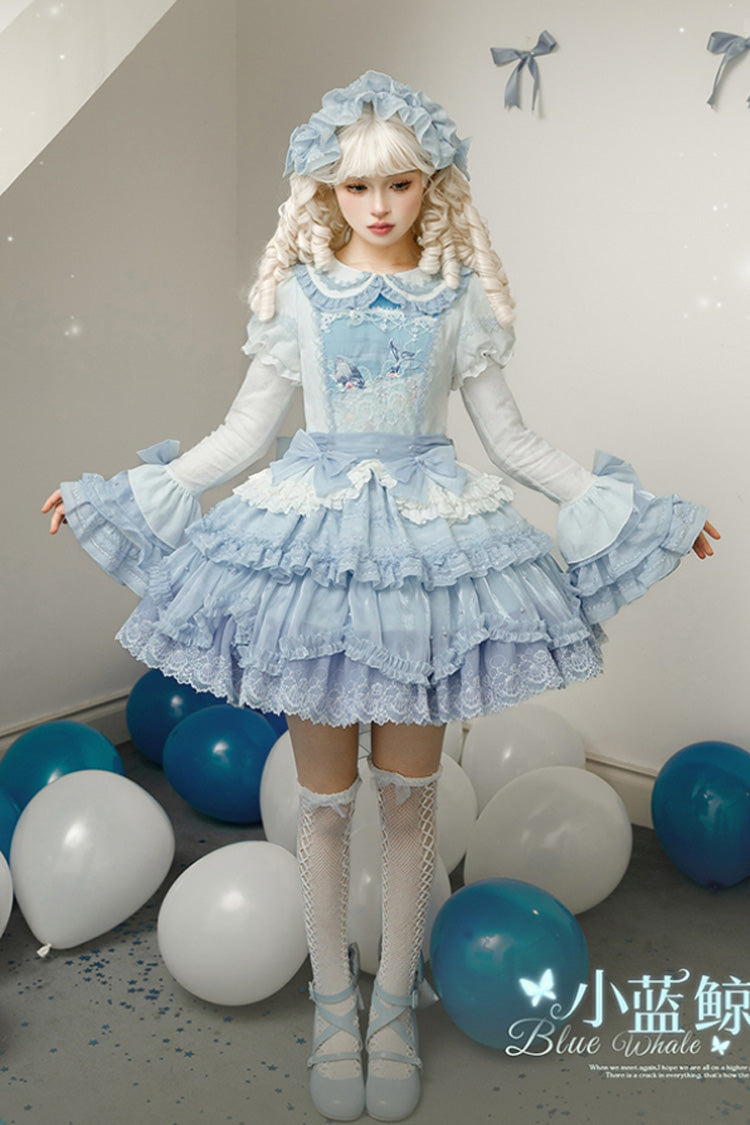 Blue Whale Lapel Collar Short Sleeves Triple-Layered Ruffle Embroidery Sweet Lolita Dress