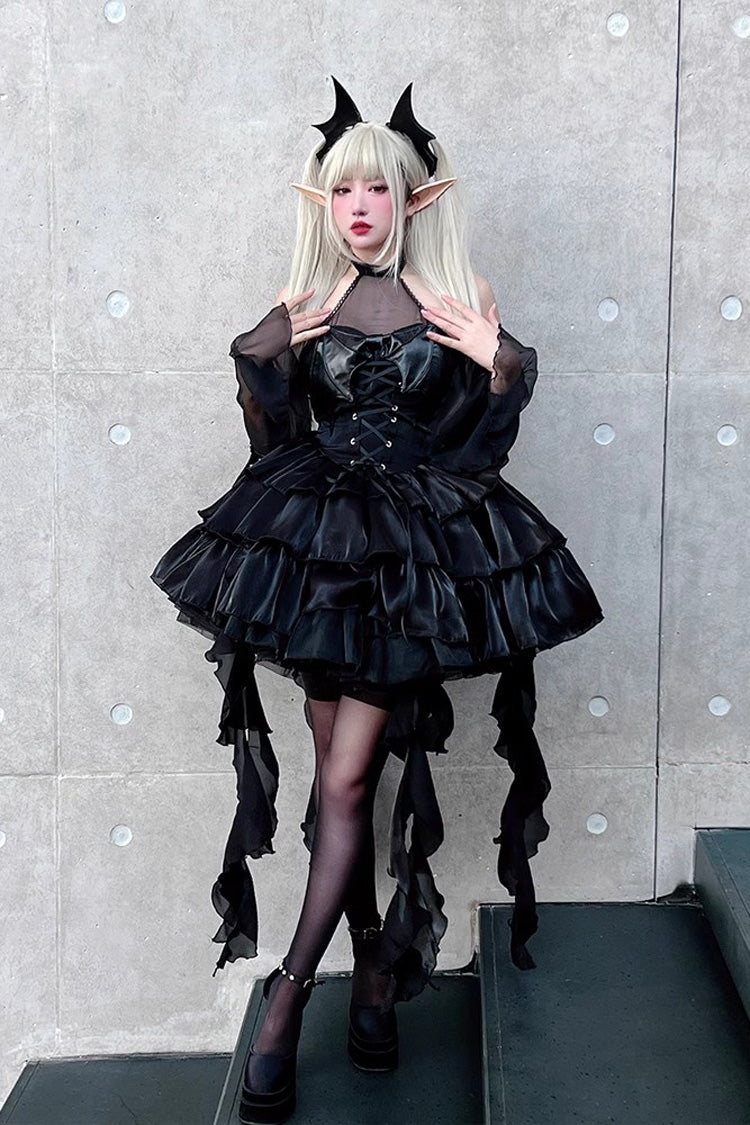 Pure Black Little Devil Sexy Princess Slim Gothic Lolita Strapless Tiered Dress