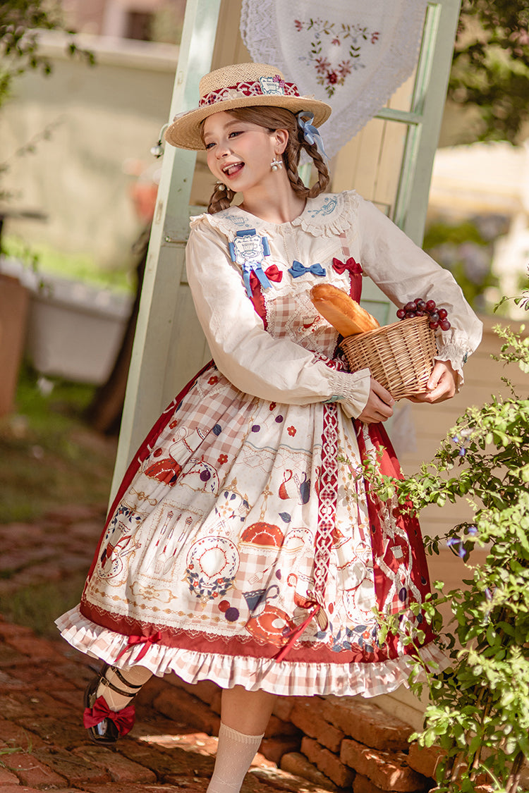 Red Tea Party Print Ruffle Bowknot Lace Sweet Elegant Lolita Jsk Dress