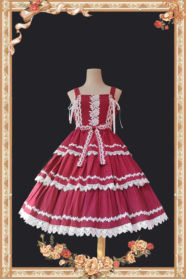 Red/White Three-section Cake Sleeveless Ribbon Sweet Lolita Tiered Dress