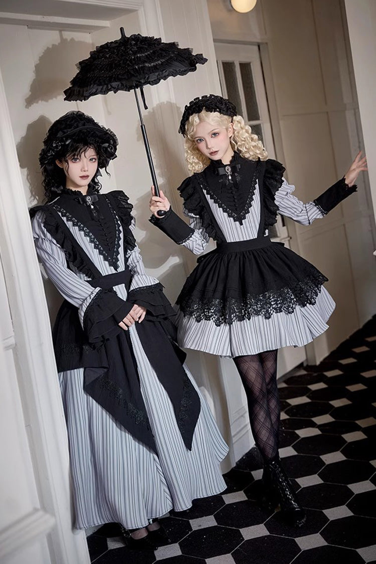 Light Grey Nocturne Vertical Stripes Print Ruffle Bowknot Lace Gothic Lolita Dress 2 Versions