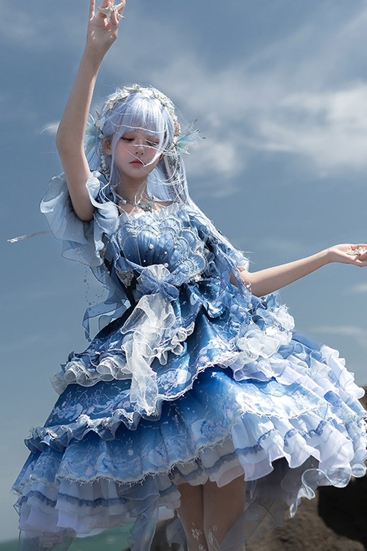 Blue Jellyfish Gradient Print Ruffle Embroidery Bowknot Lace Asymmetric Sweet Elegant Lolita Jsk Dress