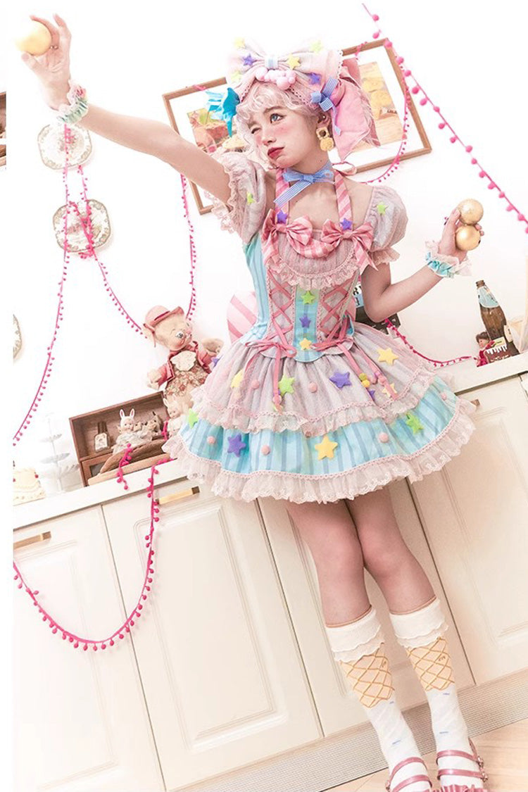 Pink Sugar Magic Print Ruffle Bowknot Lace Lace-Up Sweet Lolita Dress