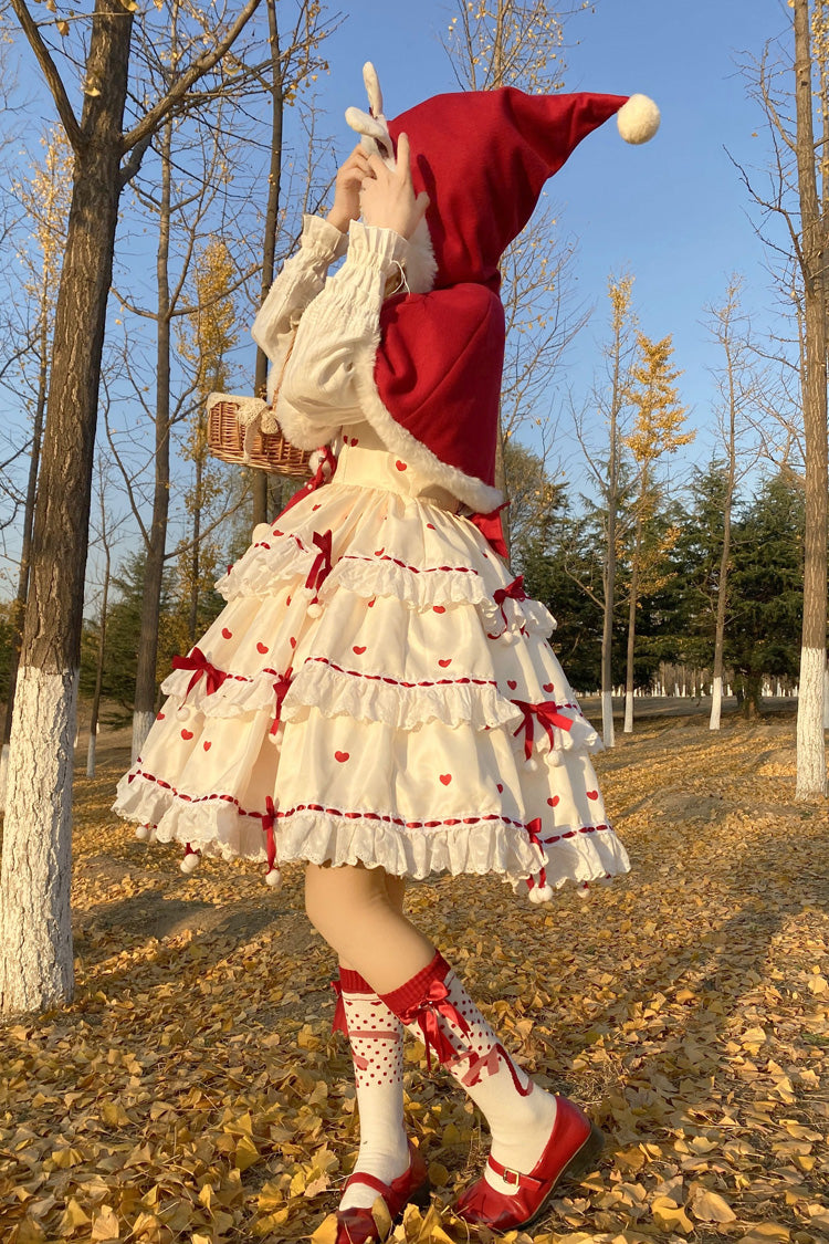 Red/Apricot Triple-Layered Print Ruffle Bowknot Lace Sweet Princess Lolita Dress Cloak Set