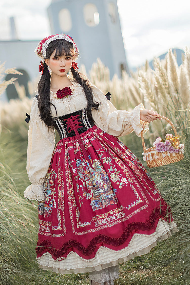 Wine Red Ode to Plenty Berries and Birds Print Ruffle Bowknot Velvet Classic Lolita Breast Support Jsk Dress