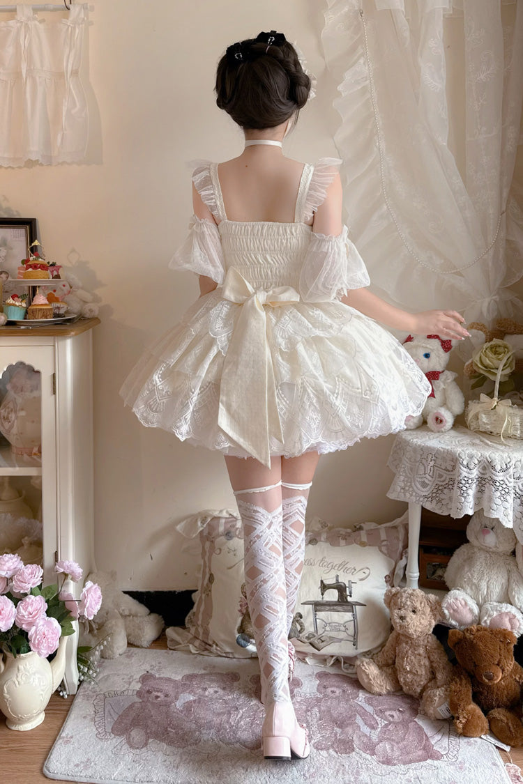 Ivory Tidal Triple-Layered Ruffle Bowknot Sweet Lolita Skirt 2 Versions