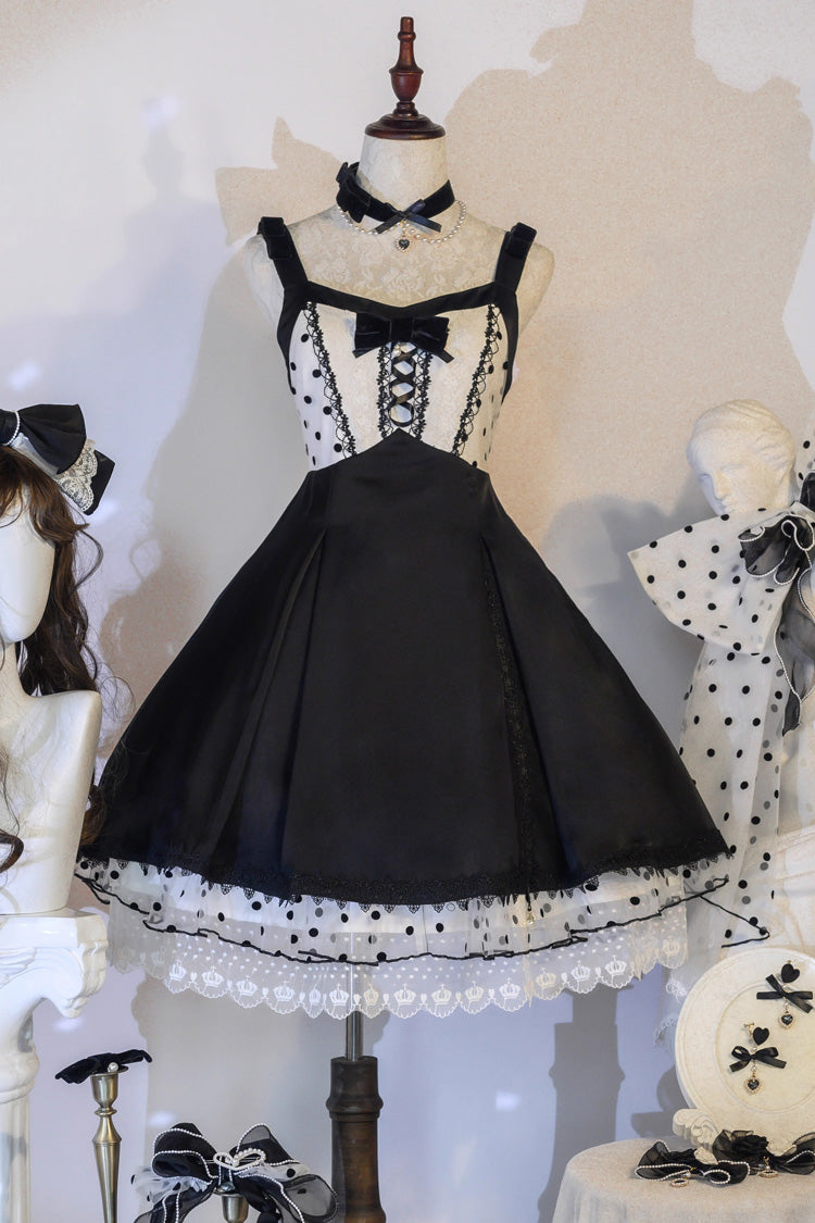 Black Polka Waltz Sleeveless Print Bowknot Stitching Lace Gothic Lolita Jsk Dress