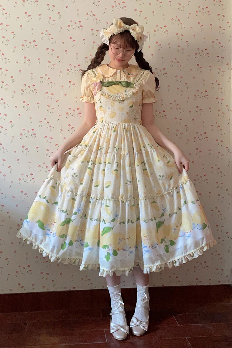 Yellow Lemon Chicken Print Ruffle Bowknot Lace Sweet Lolita Jsk Long Dress