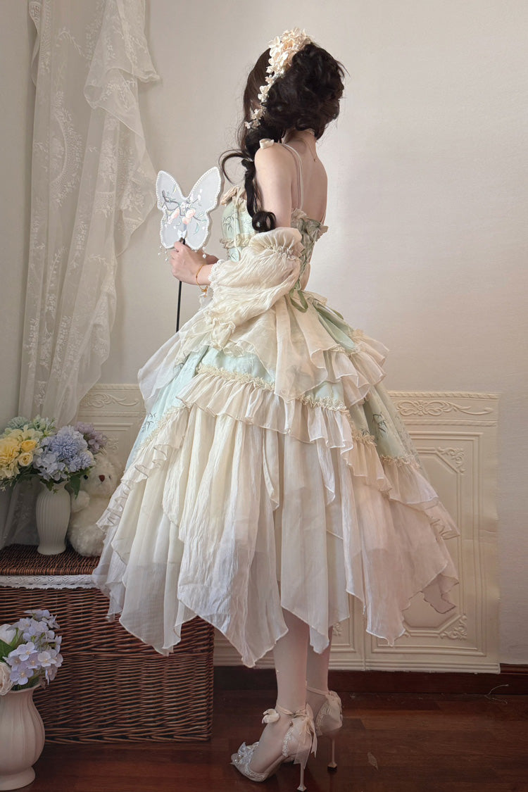 Green Tea Bamboo Song Sleeveless Jacquard Ruffle Bowknot Lace Irregular Sweet Chinese Style Ballet Lolita Jsk Dress Long Version Set