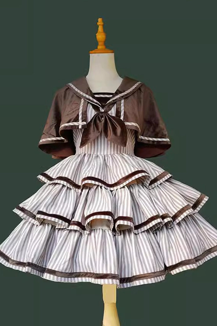 From the Other Side Sleeveless Triple-Layered Vertical Stripes Print Print Ruffle Bowknot Sweet College Style Lolita Jsk Dress
