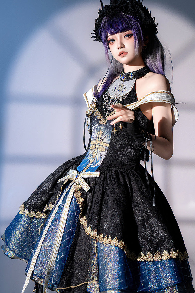 Black/Blue Universe Off Shoulder Halterneck Sleeveless Print Embroidery Cardigan Gothic Princess Lolita Dress