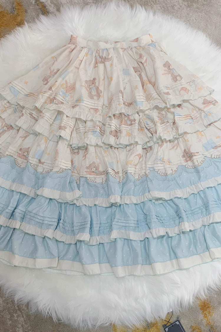 Blue/Apricot Harvest Bear Print Short Sleeves Multi-Layered Ruffle Bowknot Sweet Plus Size Lolita Dress 2 Versions