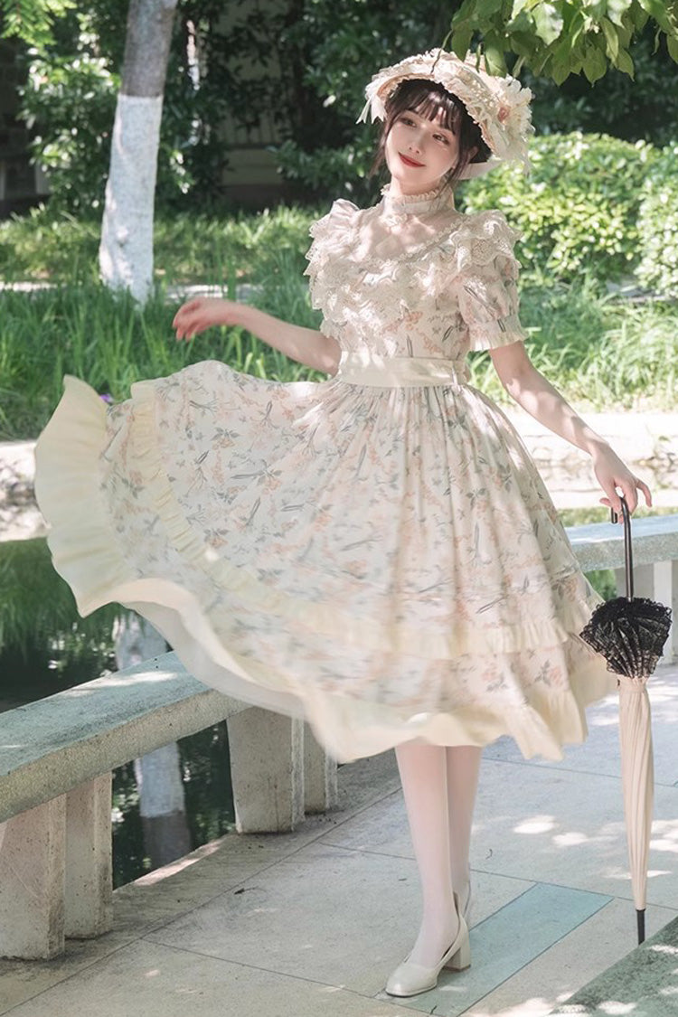 Multi-Color Daisy Print Cherry Embroidery Edwardian Collar Short Sleeves Sweet Lolita Dress