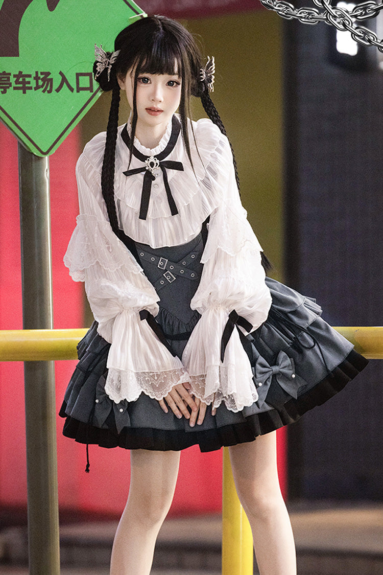 Black/Grey Machinist Sleeveless Multi-Layered Ruffle Bowknot Classic College Style Lolita Dress
