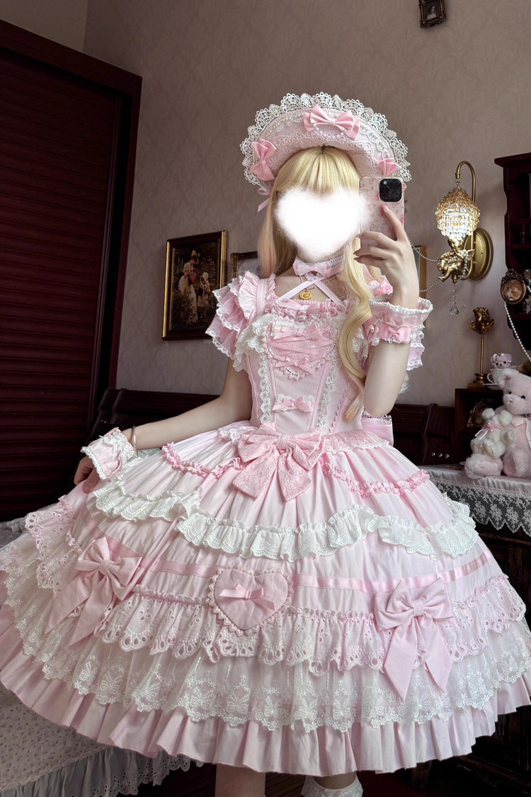 Pink Super Cute Belia Sleeveless Triple-Layered Ruffle Bowknot Lace Sweet Elegant Lolita Jsk Dress