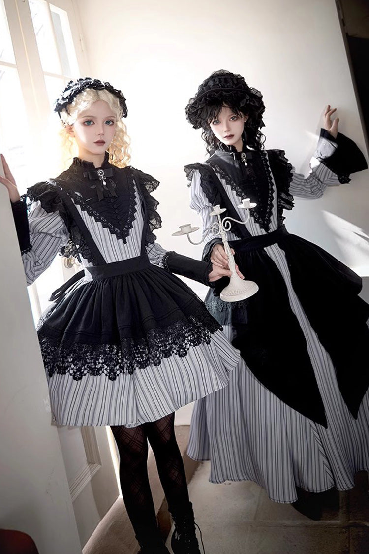 Light Grey Nocturne Vertical Stripes Print Ruffle Bowknot Lace Gothic Lolita Dress 2 Versions