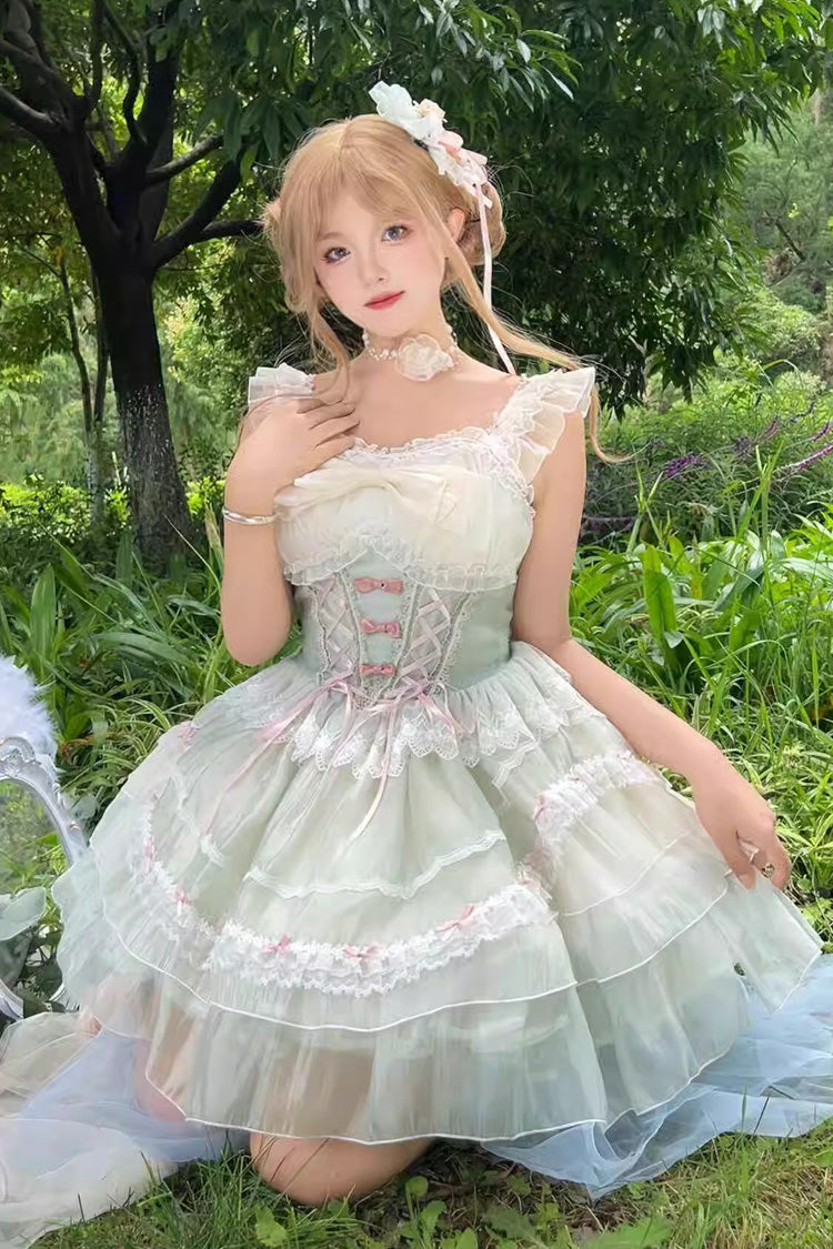 Light Green Camellia Decoration Bowknot Lace-Up Sweet Lolita Jsk Dress