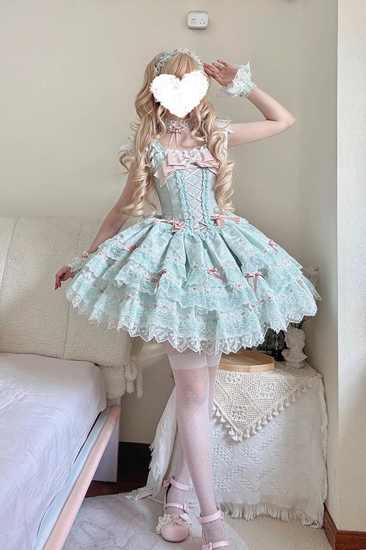 Green Flora Isle Butterfly Sleeveless Ruffle Bowknot Lace Lace-Up Sweet Elegant Lolita Jsk Dress