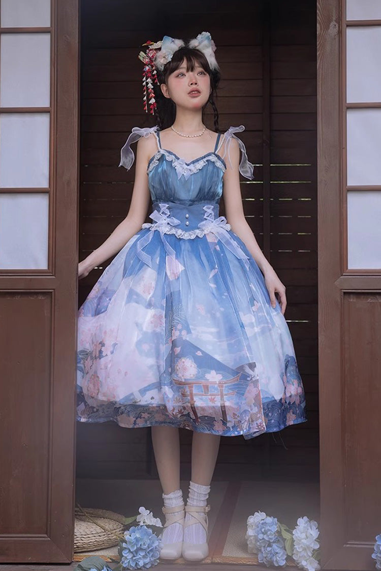 Blue/Pink Mount Fuji Cherry Blossom Season Print Bowknot Sweet Lolita Skirt